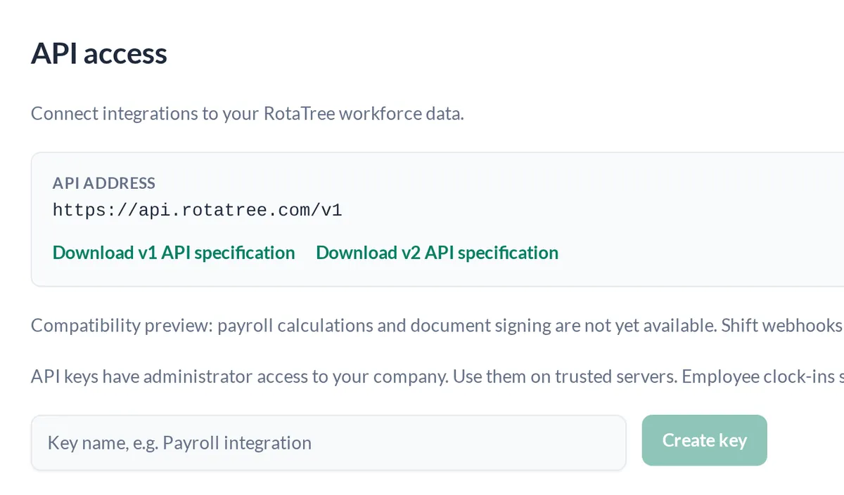 API access settings showing the API address, specification downloads and a Create key form
