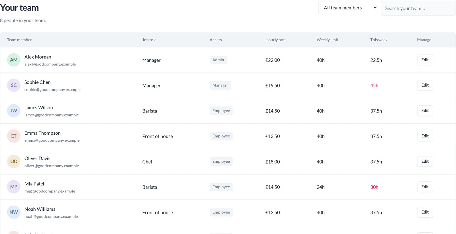 Your team table listing each person with their role, location and pay rate