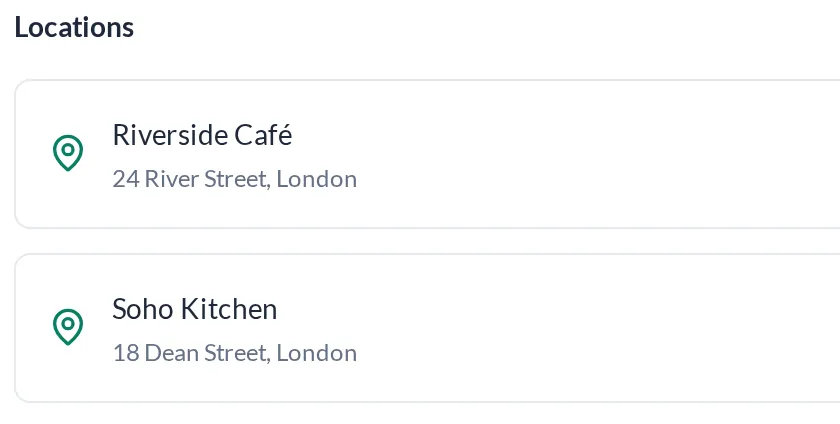 Locations list showing Riverside Café and Soho Kitchen with their addresses