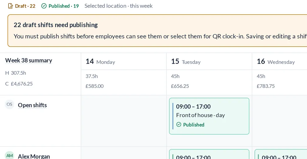 Draft and published shift counts above a banner reading 22 draft shifts need publishing