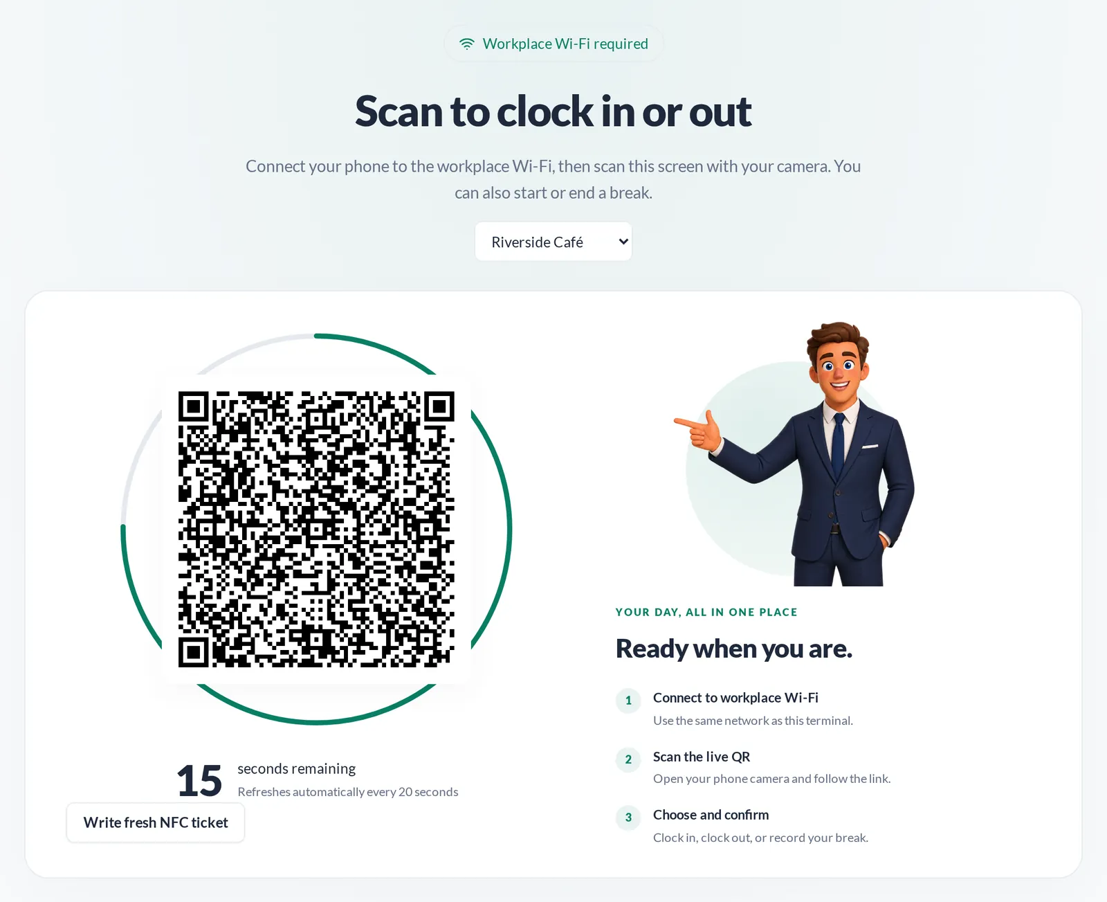RotaTree workplace terminal: Workplace Wi-Fi required, Scan to clock in or out, a QR code inside a countdown ring and three steps