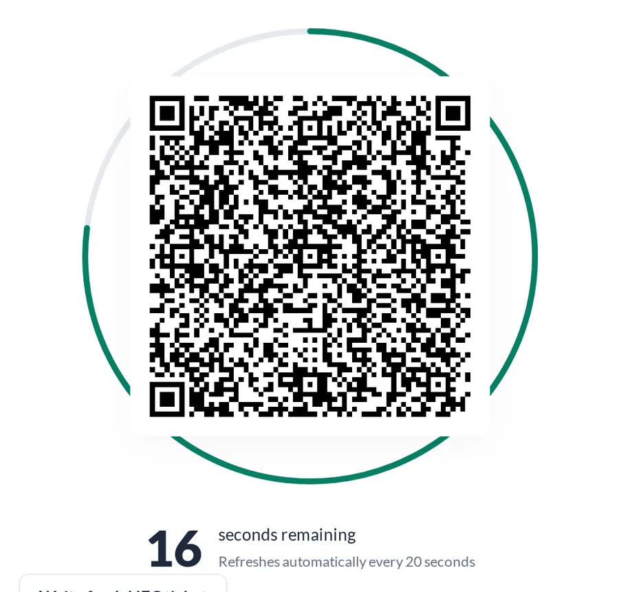 QR code inside a countdown ring with the seconds remaining and the note Refreshes automatically every 20 seconds