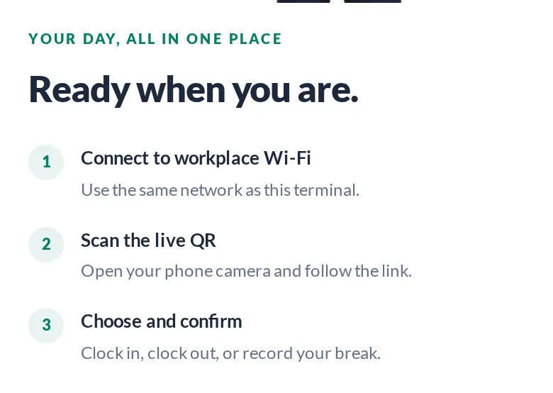 Terminal instructions: connect to workplace Wi-Fi, scan the live QR, choose and confirm