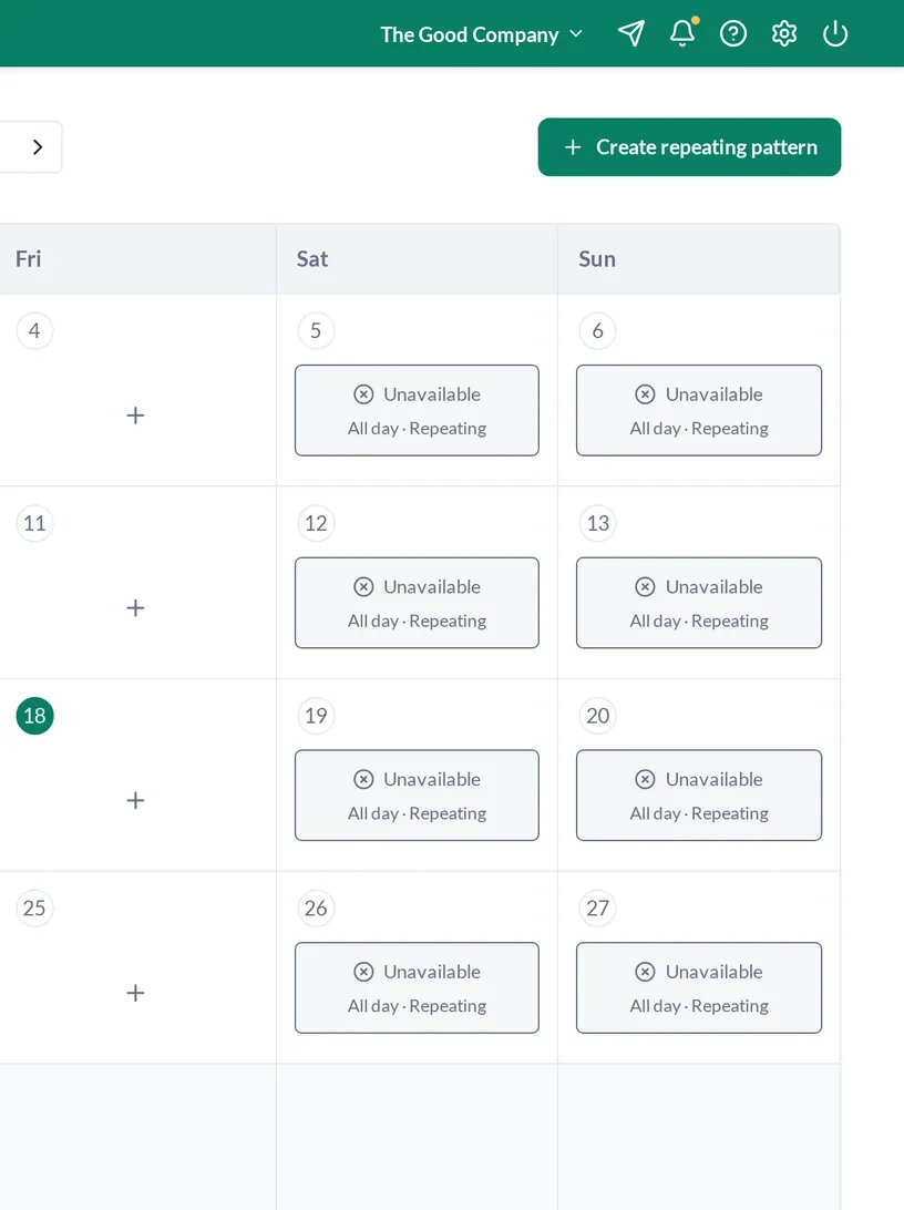 Monthly availability calendar in RotaTree with weekends marked unavailable
