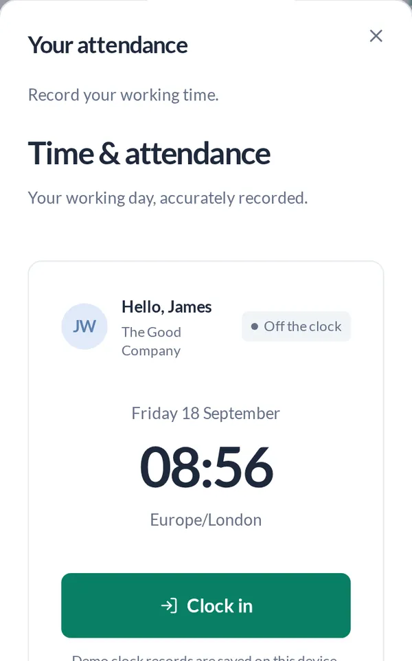 Clock-in screen on a phone showing the date, the time 08:56 and a Clock in button