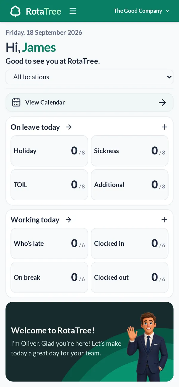 RotaTree dashboard on a phone with leave and attendance tiles