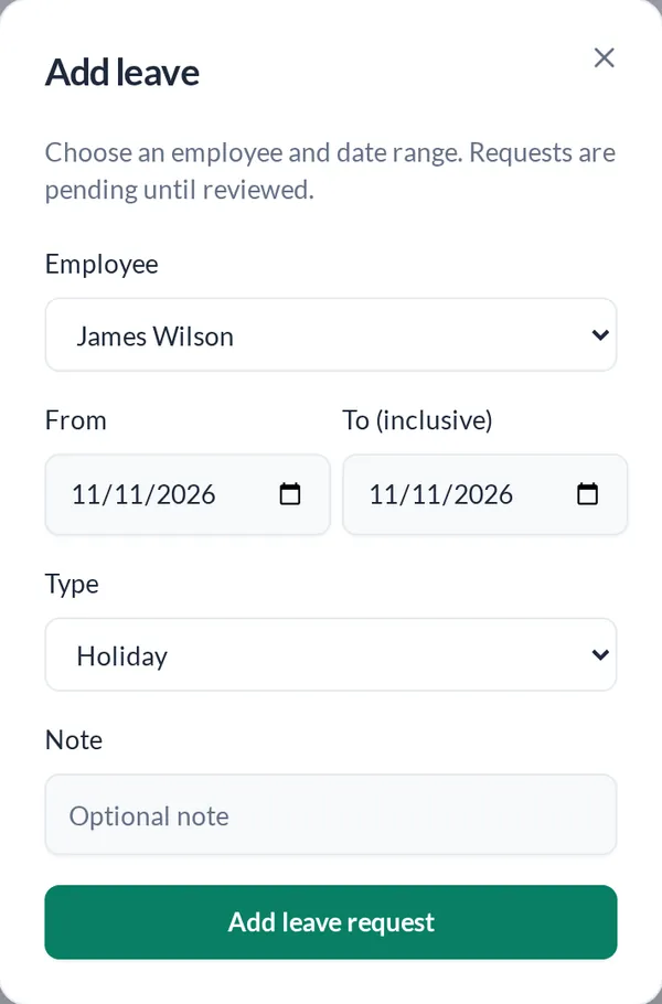 Add leave form on a phone with employee, dates, leave type and an Add leave request button