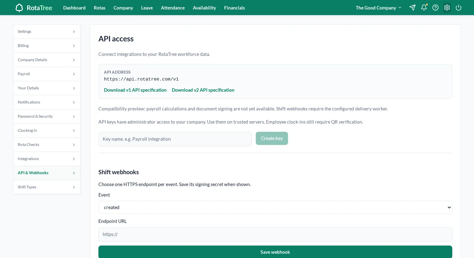 RotaTree API access settings with the API address, a Create key form and shift webhook settings