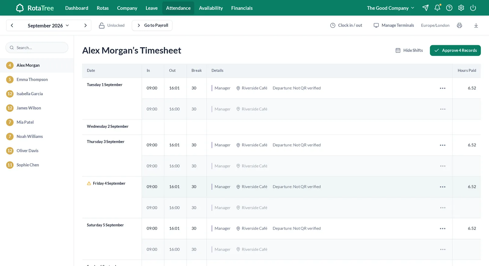 RotaTree monthly timesheet comparing scheduled and recorded clock-in times, with a late marker