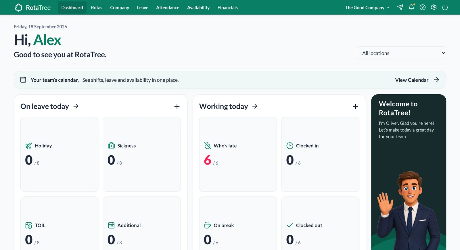 RotaTree dashboard showing who is on leave and who is working today